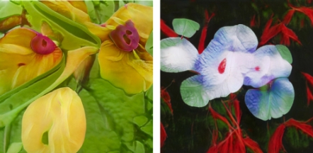Obras da série Flora mutandis criadas por Giselle Beiguelman com recursos de Inteligência Artificial.