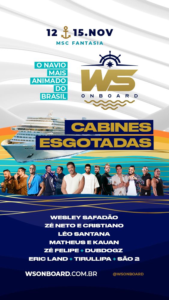 Sold out em alto mar! Wesley Safadão em ótima fase comemora venda total das cabines do “WS On Board 2022”